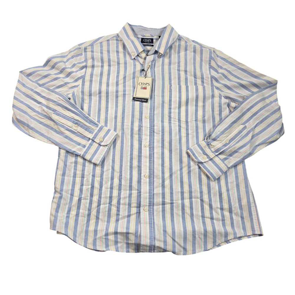Chaps Shirt Mens XL Blue Yellow Long Sleeve Striped Button Down Seacoast Wash